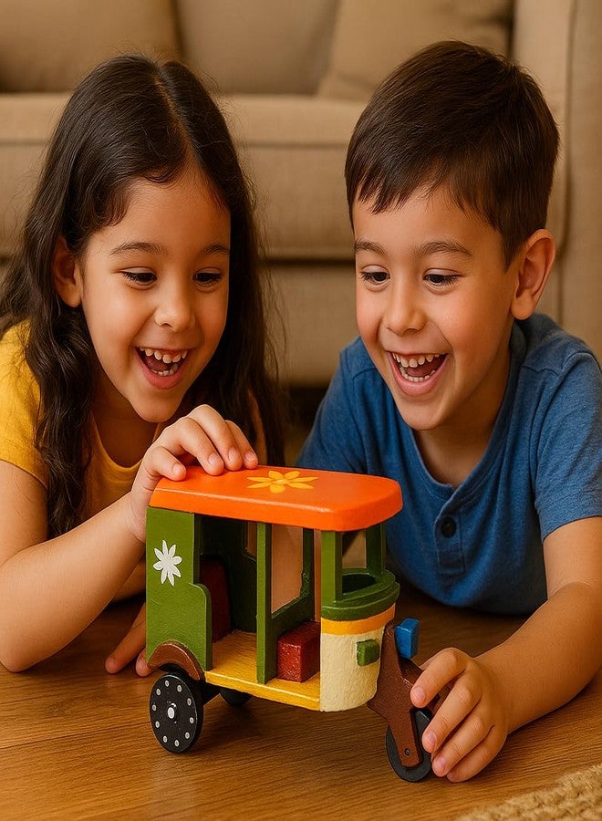 Toolart® Wooden Handcrafted Hand-Painted Auto Rickshaw Toy for Kids | Traditional Push & Pull Wooden Toy Showpiece | Best Birthday Return Gift (Small_Auto_Parent) (04r) - Image 2
